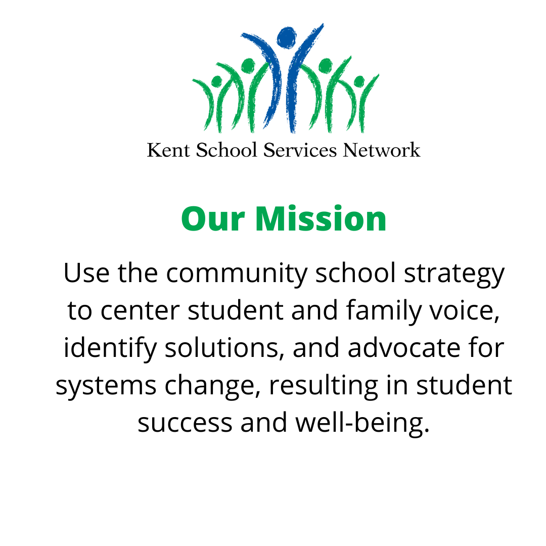 White background with KSSN logo. Text says Our Mission: Use the community school strategy to center student and family voice, identify solutions, and advocate for systems change, resulting in student success and well-being.